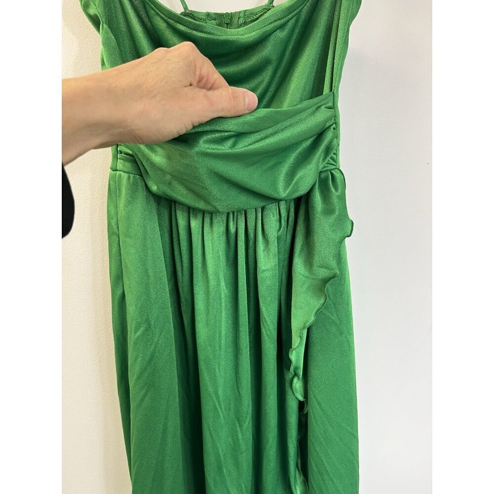 Vtg 70s Funky Sexy Halter Kelly Green Asymmetrical Halter Disco Dress 5 💚 - Picture 3 of 10
